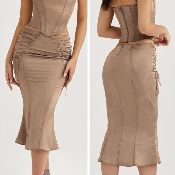 HOUSE OF CB NWT Sidonie Latte Satin Lace Up Midi Skirt Size...